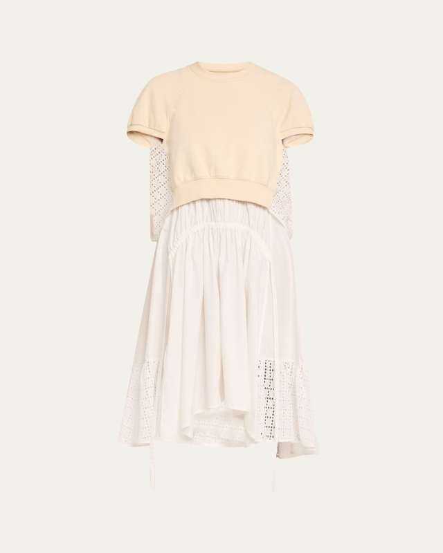 Mixed-Media Broderie Anglaise Midi Dress